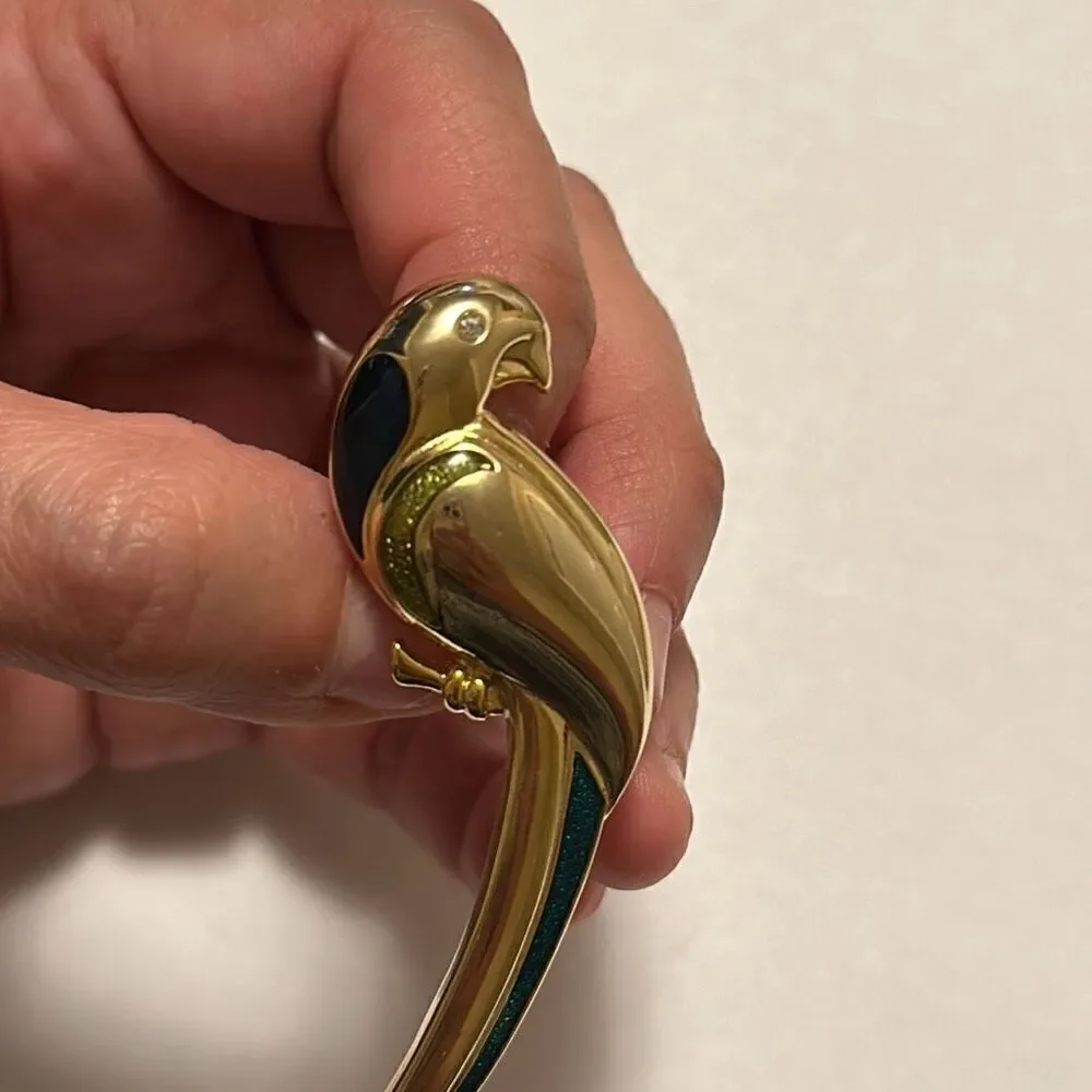 Liz Claiborne Gold Tone Green Enamel Clear Rhinestone Parrot Bird Brooch Vintage